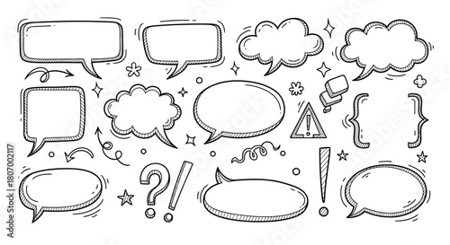 Hand-drawn speech bubble doodles with thought clouds, exclamation points, and question marks