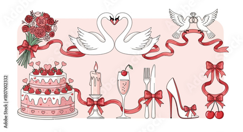 Romantic Valentine's Day Icons Swans, Cake, and Festive Decorations in a Delicate Color Palette