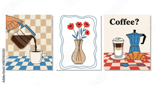 Coffee, Flowers, and Breakfast A Trio of Charming Illustrations for Cafes and Lifestyle