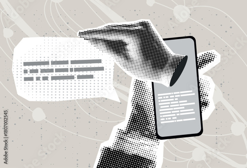 Trendy halftone collage Hand holding phone send e-mail. Trendy illustration for business, web banner social media.	