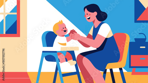 Illustration Of A Mother Playing With Her Child Sitting In A Baby Chair Vector Design Template