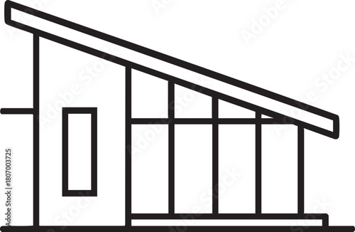 A minimalist black and white line drawing depicting a modern architectural structure with a slanted roof