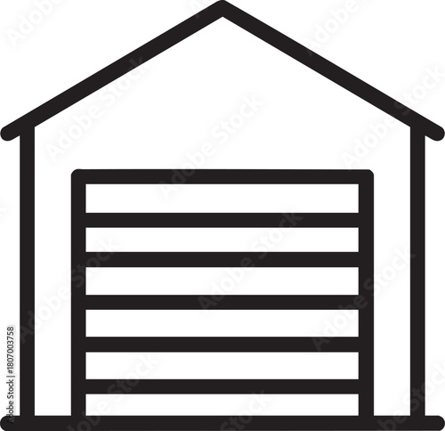 A simple black and white line drawing depicting a classic garage with a roll up door design
