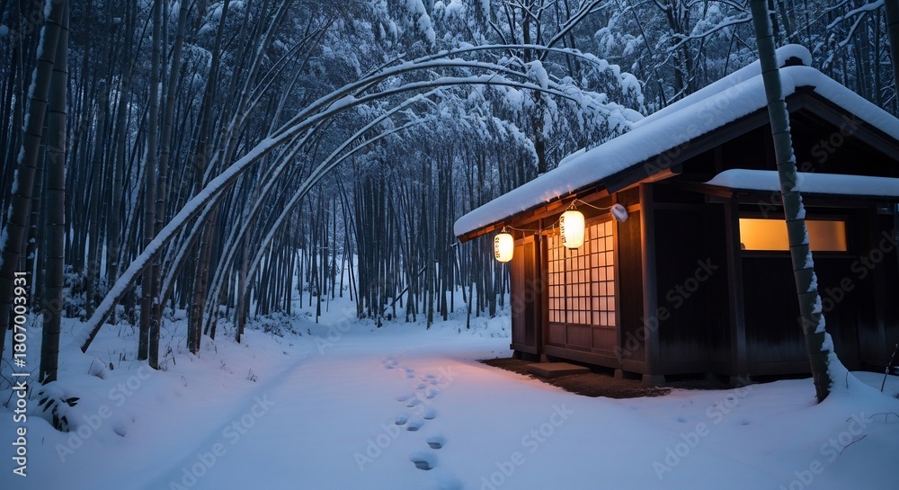 Naklejka premium Winter landscape featuring a cozy cabin illuminated amidst a snowy bamboo forest. Serene nature for travel, meditation, holiday cards, and peaceful backgrounds.