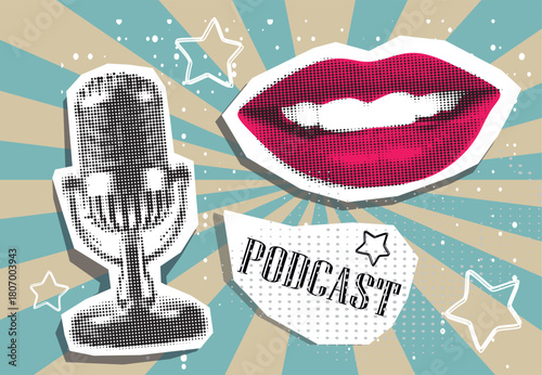 Trendy Halftone Collage with  Studio Microphone for Podcast,  smiling lips and speech bubble. Broadcast recording. Listen to educational content. Online radio. Audio streaming service.	