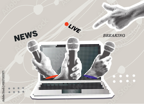 Breaking news concept with reporter hands holding microphones on screen laptop isolated vintage halftone dotted effect retro collage cut-out element for current event urgent update live announcement.	