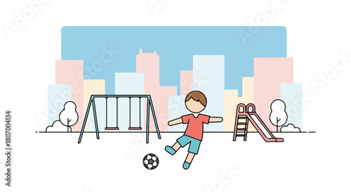 Illustration of a young boy kicking a soccer ball in a playground with a city skyline background and colorful equipment.