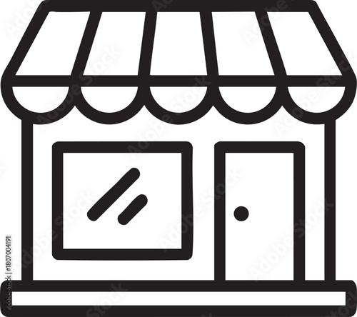 Simple black and white line art illustration of a storefront with an awning and a door