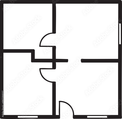 A black and white illustration depicting a simple floor plan of a house with various rooms