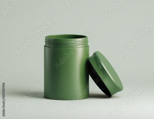 Olive green cylindrical container with open lid on a muted background