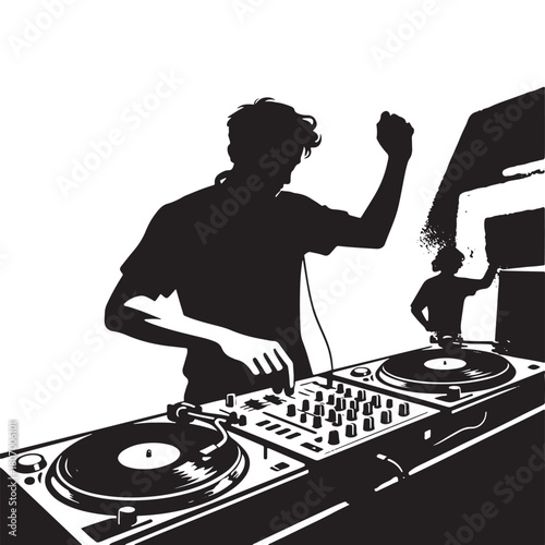 DJ silhouette playing music on turntables in neon club atmosphere