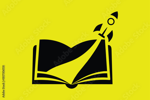 Illustration of space book logo with rocket launching from open book isolated on