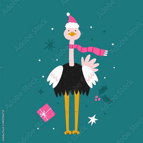 Cute Australian Kangaroo Christmas Seamless Pattern with Lights and Stars on Green Background.