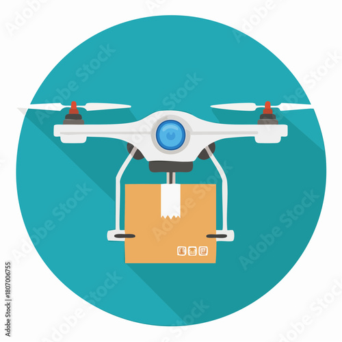Drone delivery with package against a teal circle background.