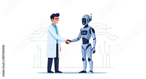 Illustration of a human scientist shaking hands with a modern humanoid robot