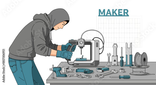 Illustration of a focused maker using a 3D printer in a workshop filled with tools and equipment