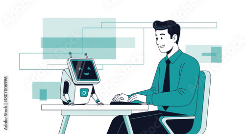 Illustration of a man working at a desk with a friendly robot offering assistance and innovative