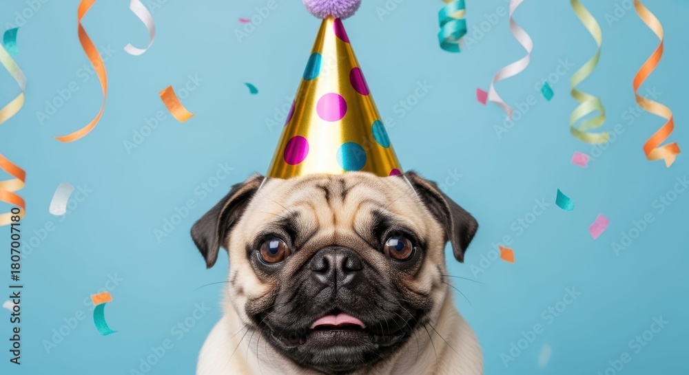 Obraz premium Pug with Party Hat: A lovable pug wearing a festive party hat, surrounded by colorful streamers. A picture of pure joy and celebration.