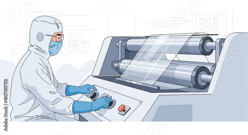 Illustration of a worker in protective suit operating automated machine for manufacturing or