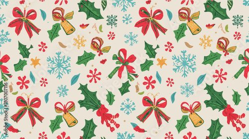 Vector template featuring a vibrant and colorful Christmas pattern with hand-drawn winter holiday elements, including snowflakes, holly leaves, and bells