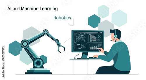 Illustration of AI-powered automation with robotic arm and developer analyzing data at a workstation