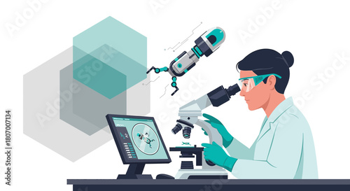 Illustration of advanced scientific research with a robot assisting a scientist using microscope
