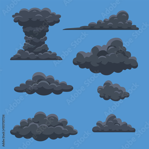 A collection of various dark, ominous, and stormy cloud formations against a blue sky background.