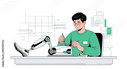 Illustration of engineer working on innovative prosthetic limb design and functionality