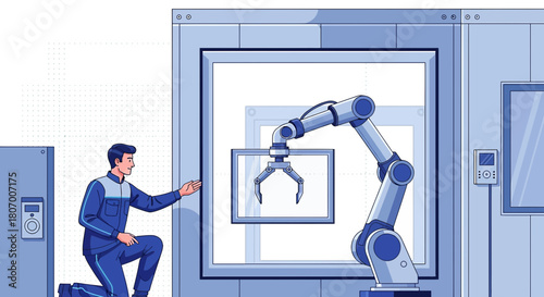Illustration of robotic arm in manufacturing environment with technician overseeing the process