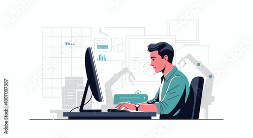 Illustrative depiction of a man designing robotic systems in a modern workspace setting