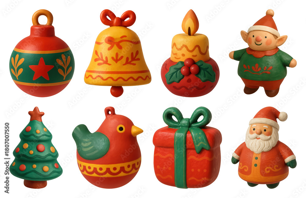 Fototapeta premium PNG Festive holiday clay ornaments collection, element set on transparent background