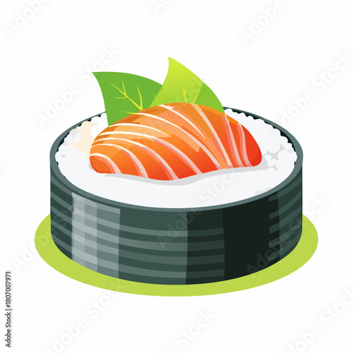 Fresh raw salmon sushi and sashimi slices on a white background for a healthy Japanese seafood meal