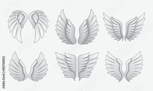 Set of six pairs of angel wings in various shapes and styles.