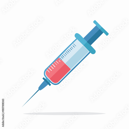 A flat design vector illustration of a medical syringe with a needle, filled with red liquid for an injection or vaccination.