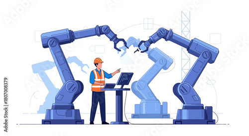 Innovative automation: Engineer manages robotic arms in modern industrial facility for enhanced