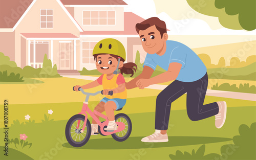 Father Teaching Daughter To Ride A Bicycle In A Green Backyard Near A House
