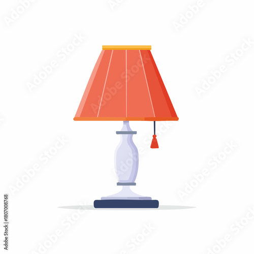Classic table lamp with a red lampshade and decorative white base, isolated on a white background.