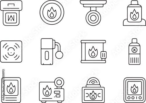 Fire alarm system of emergency services line art icon set. Flat black color editable line vector illustration