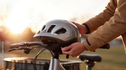 Hand attaching helmet to e-bike rental stand during morning glow in a city park