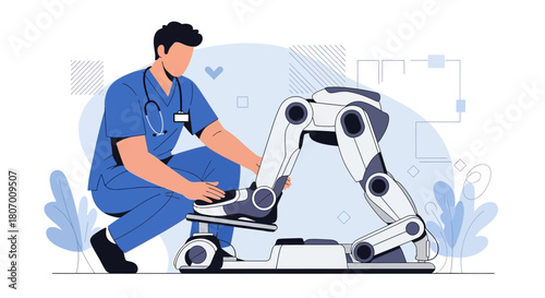 Innovative rehabilitation: Doctor assisting patient with robotic leg exoskeleton exercise machine