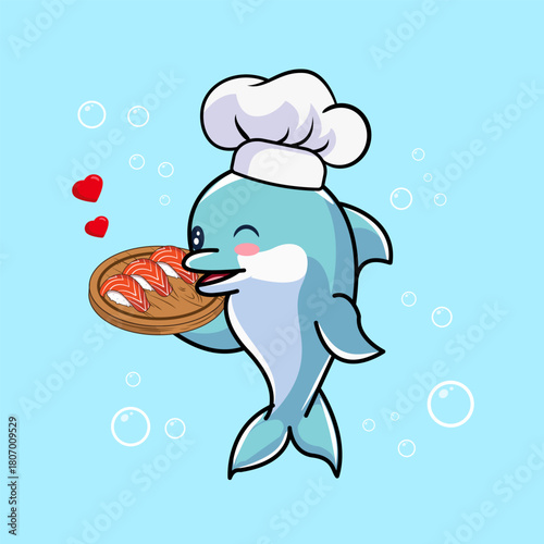 Cute Dolphin Chef Serving Delicious Sushi with Love Vector Illustration Carton Design