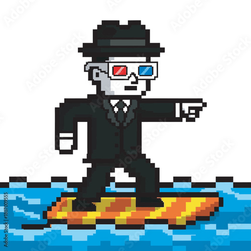 Pixel art illustration of a man in a business suit and 3D glasses surfing on a wave.