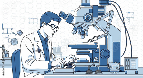 Innovative research laboratory: scientist studying nanotechnology with advanced microscope and