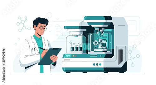Innovative research scientist analyzing data near modern analytical instrumentation system