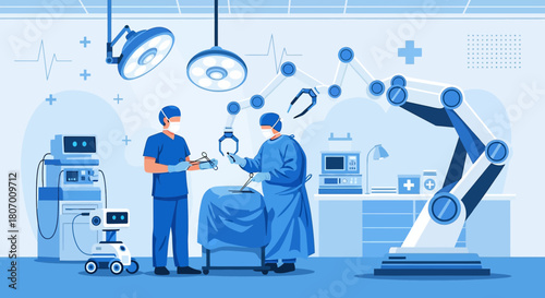 Innovative robotic surgery scenario illustration with team surgeons and medical technology for
