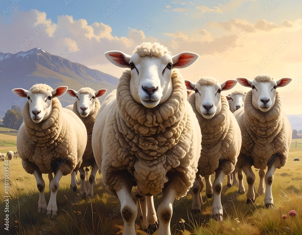 Fototapeta premium Charming sheep parade with picturesque mountain backdrop in peaceful countryside