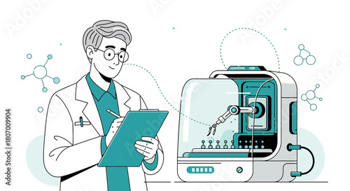 Innovative scientist observing automated robotic system performing complex research analysis
