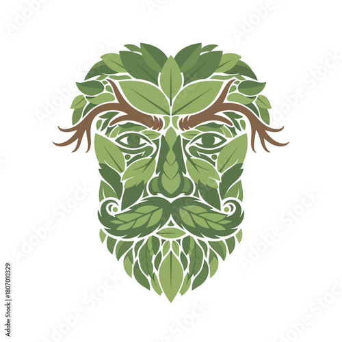 A stylized illustration of a Green Man's face, composed entirely of various shades of green leaves and brown branches, depicting a beard, mustache, and hair.