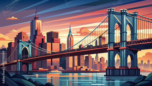 Very beautiful close-up scene of the Brooklyn Bridge at dusk, featuring warm evening light, detailed suspension cables, gentle reflections over the river, and the New York City skyline softly glowing 
