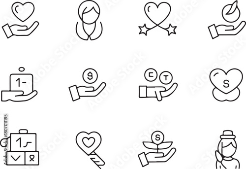 Nonprofit badge of charity and donations line art icon set. Flat black color editable line vector illustration